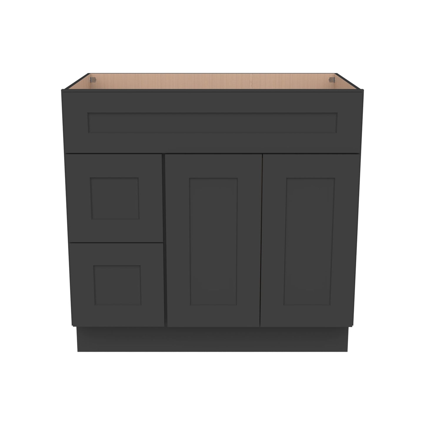 RTA Shaker Solid Wood Vanity Single Sink Base Cabinet Charcoal Black for Bathroom Storage, 2 Left Drawers, 1 False Drawer Front