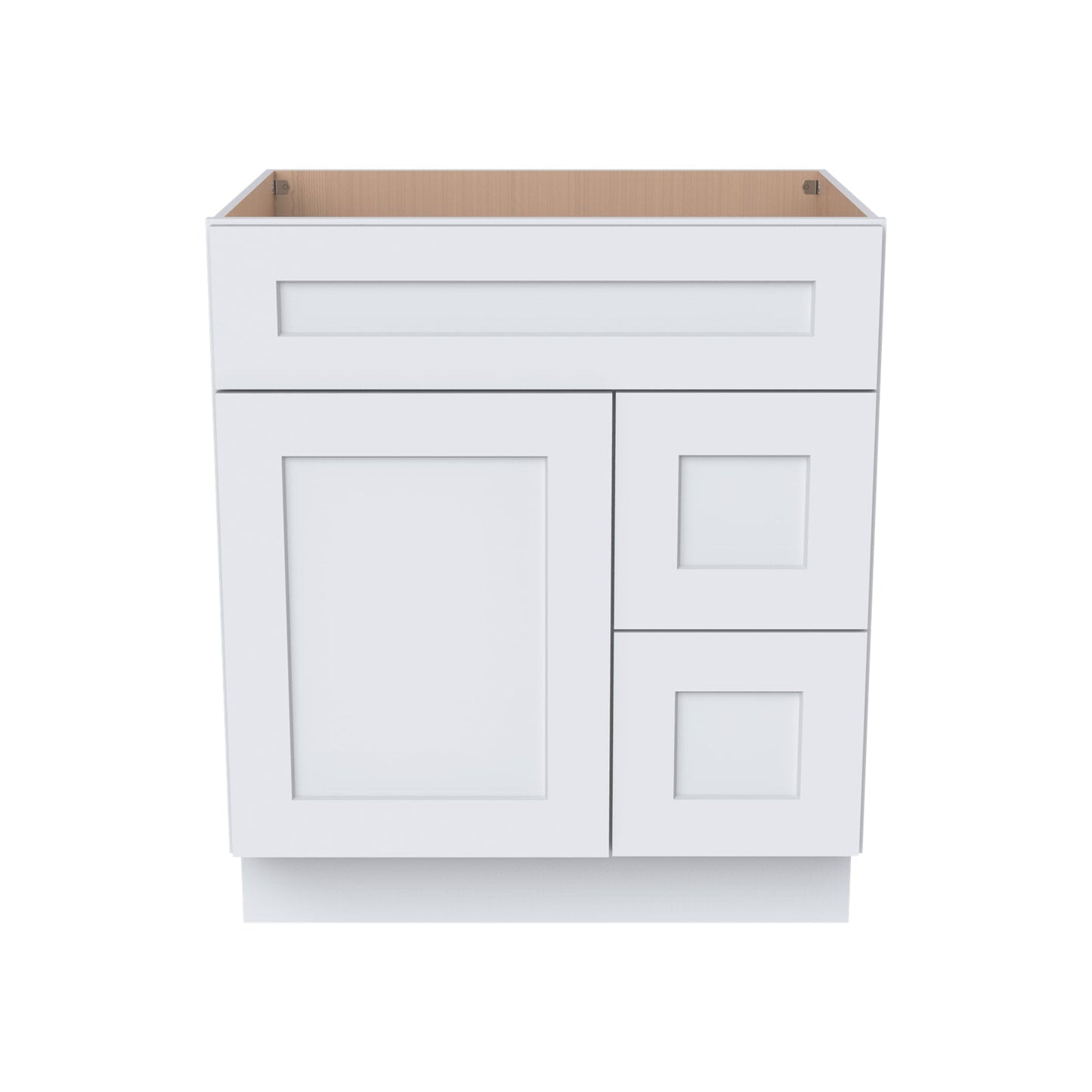 Belmont White RTA Vanity Single Sink Base Cabinet for Bathroom Storage, 2 Right Drawers, 1 False Drawer Front