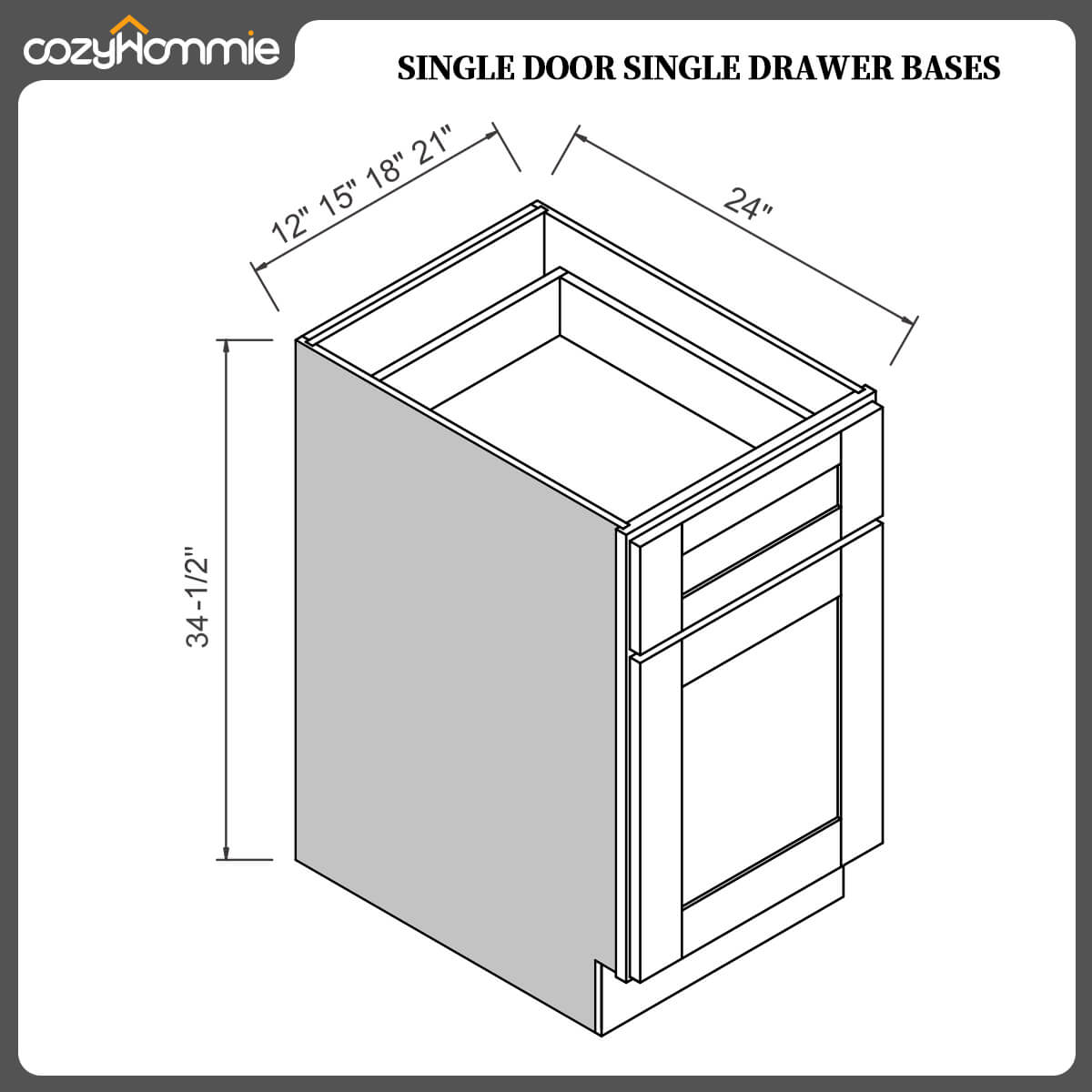 Shaker Charcoal Black Solid Wood RTA Base Cabinet for Kitchen, Bathroom & Laundry Storage, 1 Door 1 Drawer 1 Shelf