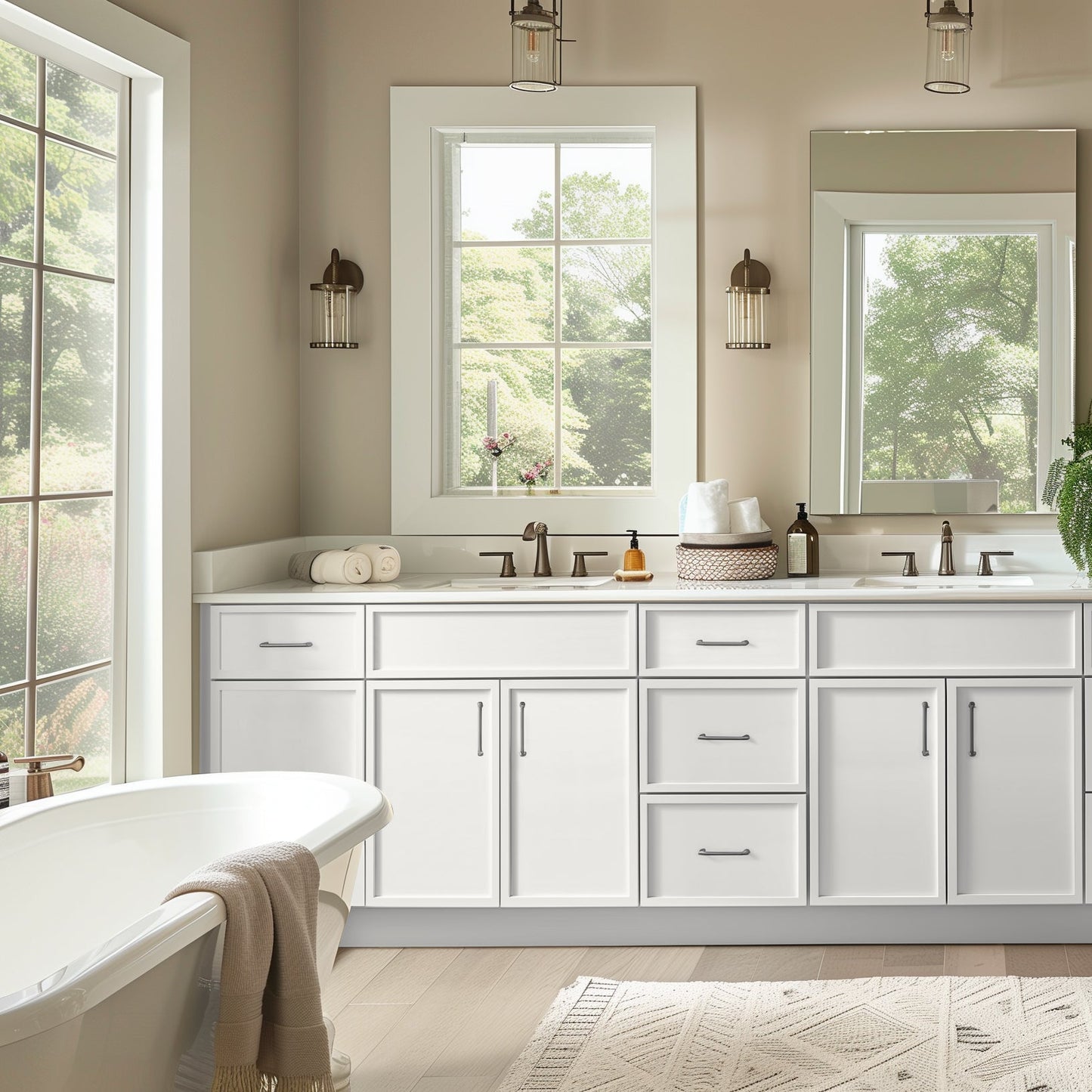 RTA Newtown Solid Wood Vanity Double Sink Bases With Central Drawers Origami White for Bathroom Storage