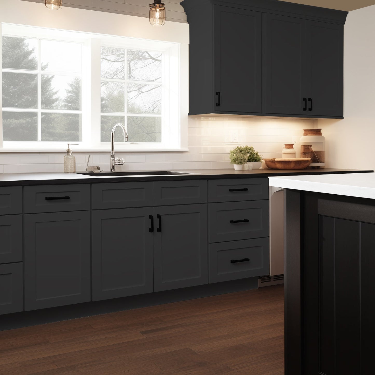 Shaker Charcoal Black Solid Wood RTA Sink Base Cabinet for Kitchen, 2 Doors 2 Fake Drawer Front