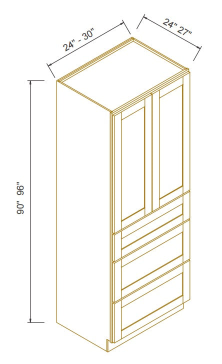 RTA Newtown Solid Wood Wall Pantry with Three Drawers Cabinet Charcoal Black for Kitchen Storage