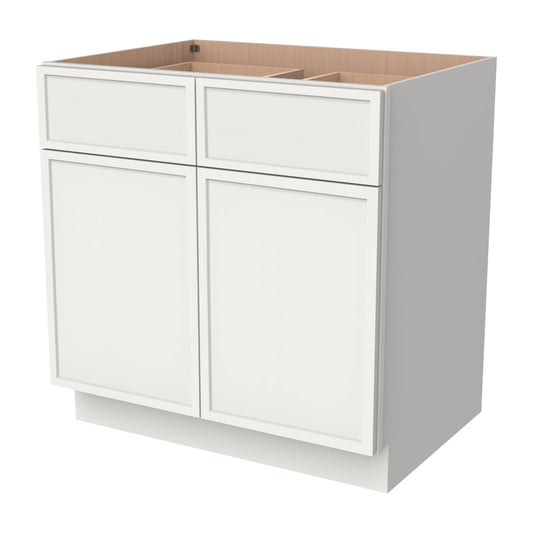 RTA Solid Wood Newtown Base Cabinet With 2 Doors, 2 Drawers and 1 Shelf Origami White for Kitchen, Bathroom & Laundry Storage