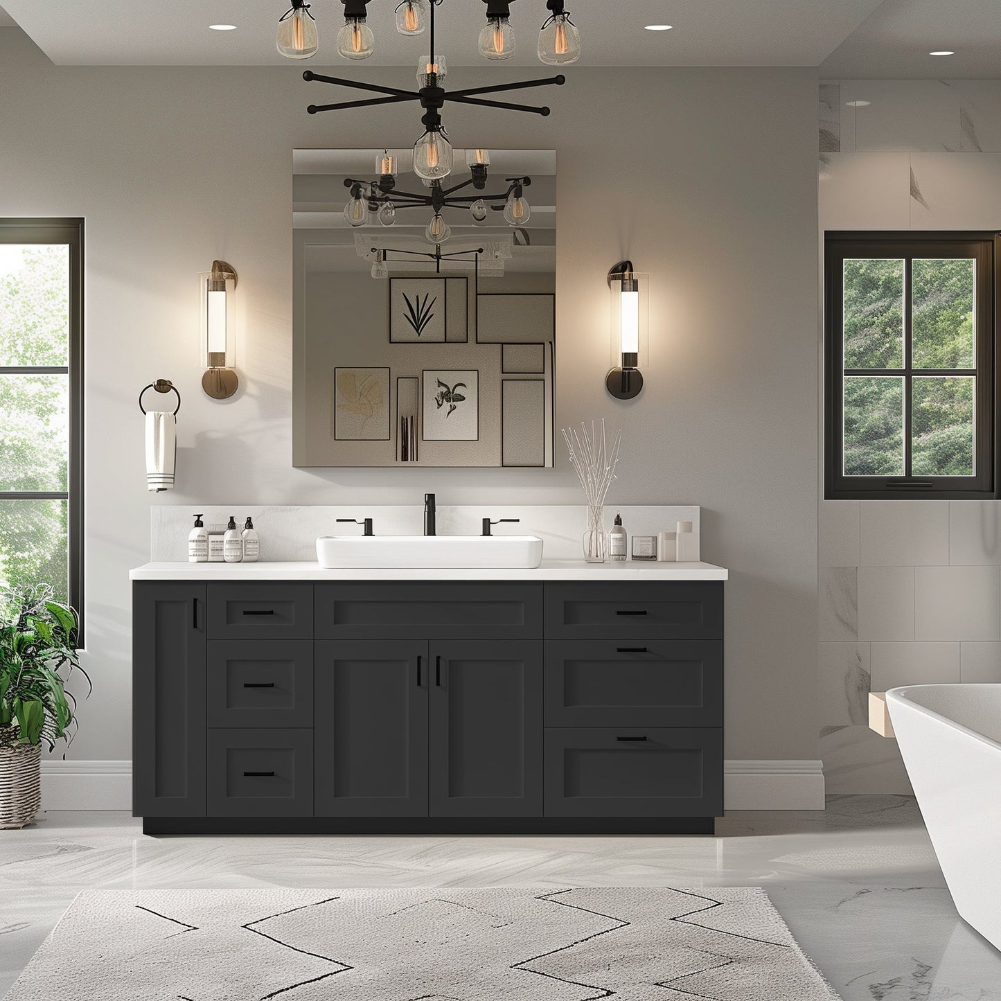 RTA Shaker Solid Wood Vanity Three Drawer Base Cabinet Charcoal Black for Bathroom Storage
